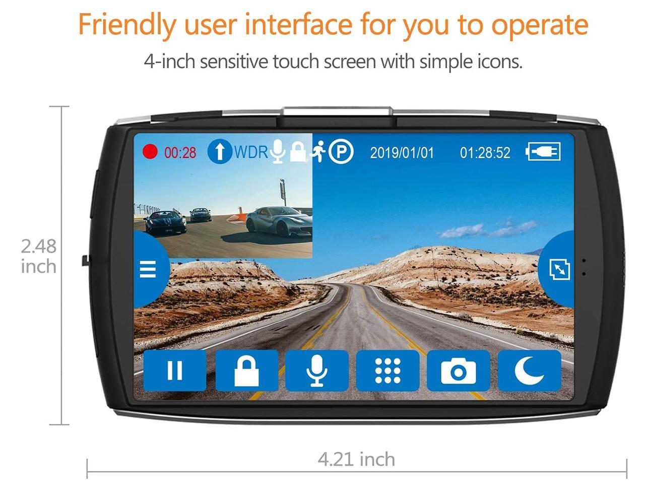 ZEDGE T4 Dash Cam, Front and Rear Dual Lens, 4.0" Touch Screen Vehicle