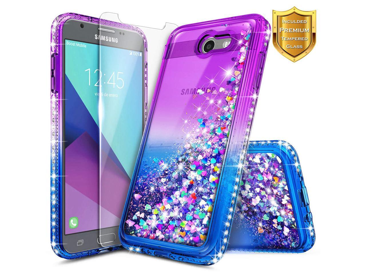 Nagebee Samsung Galaxy J3 Luna Pro Case J3 Emerge J3 Prime J3 Eclipse J3 Mission J3 17 Sol 2 Amp Prime 2 Express Prime 2 W Tempered Glass Screen Protector Glitter Liquid Cute Case Purple Blue Newegg Com