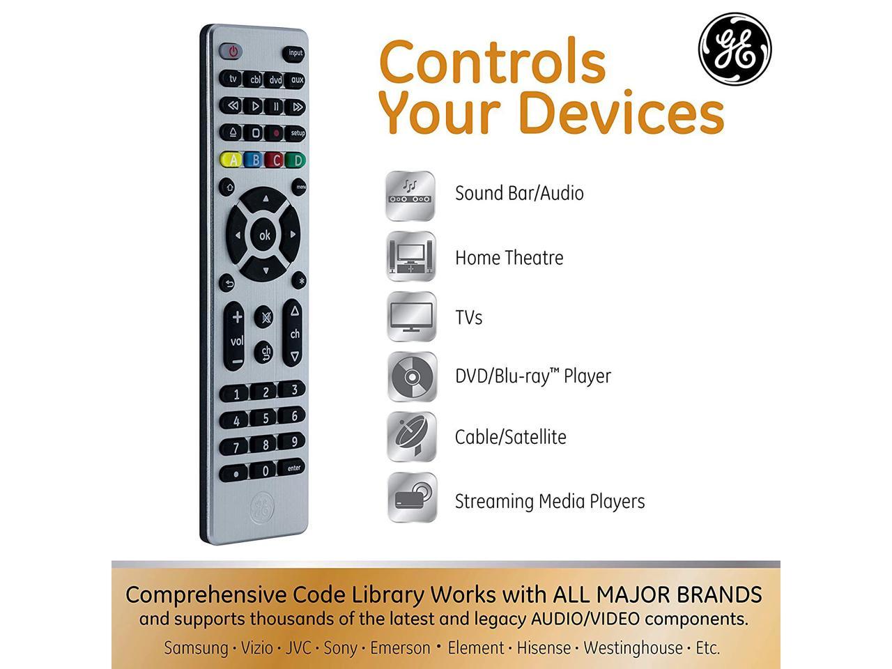 GE 4 Device Universal Remote, Smart TVs, LG, Vizio, Sony, Blu Ray, DVD