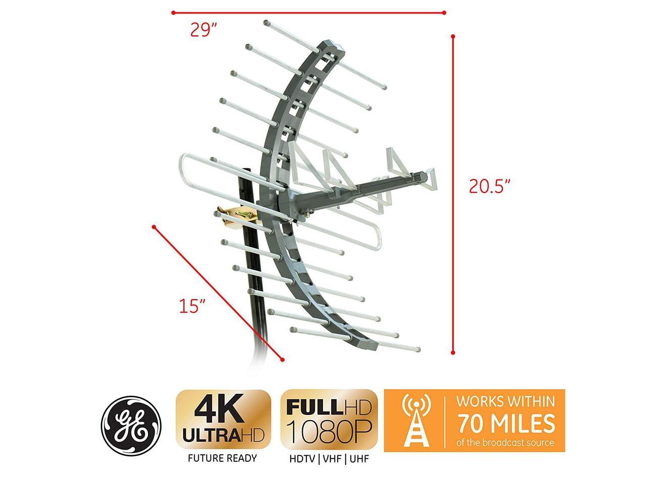 GE 29884 Pro Outdoor//Attic Mount Antenna Long Range with Compact Design Outdoor UHF Channels Attic HDTV Antenna for VHF 70 Mile Range