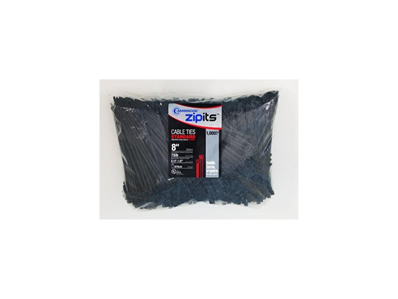Cambridge ZipIts Cable Ties 8 Inch 75 Lb Standard Duty Zip Ties 1000 Pieces UV B 