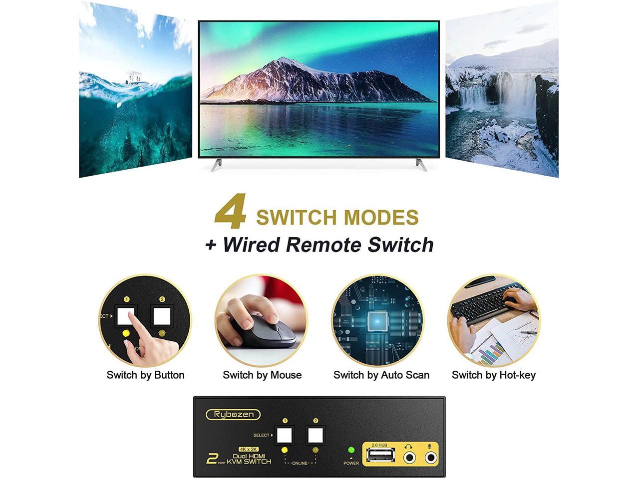 Rybozen HDMI KVM Switch 2 Port Dual Monitor Extended Display, 4K USB