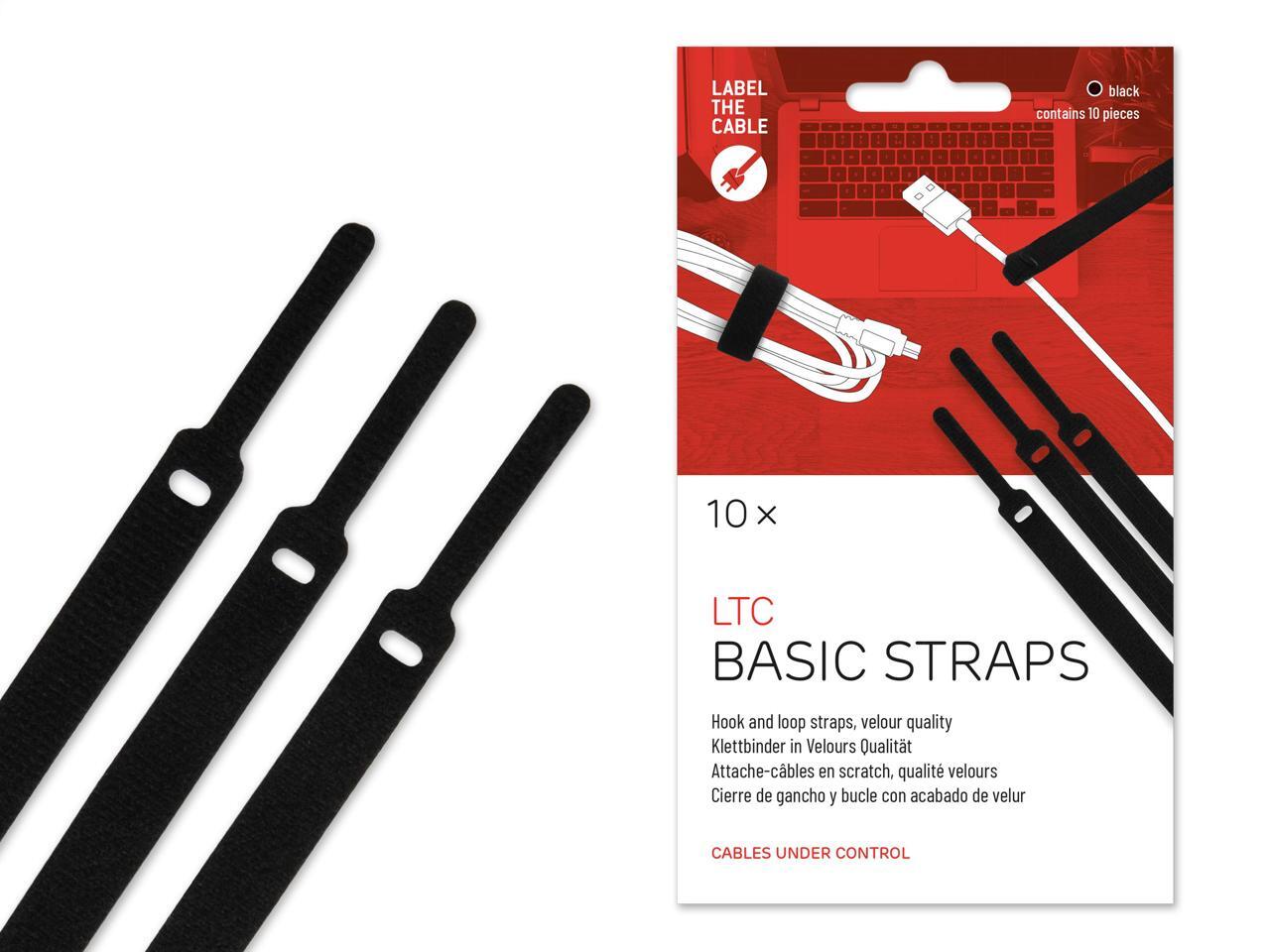 Cable Management Hook and Loop Cable Ties, 10 PCS, Black, Velour