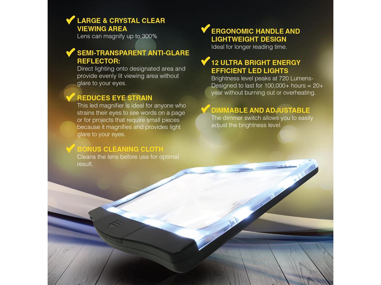 MagniPros 3X Large Ultra Bright LED Page Magnifier with 12 AntiGlare Dimmable LEDs (Provide