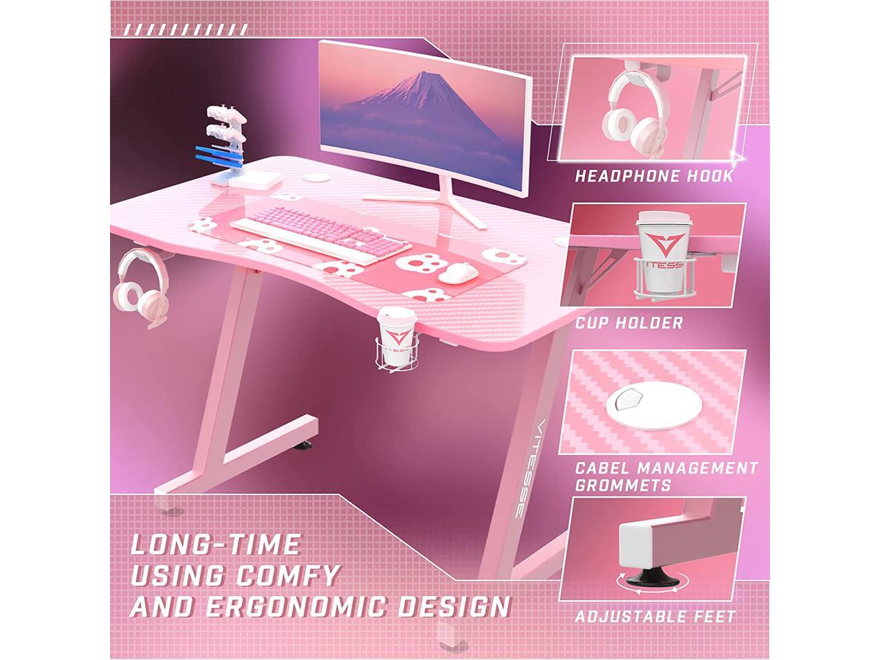 Vitesse Pink Gaming Desk 40 Inch Kawaii Computer Desk Cute Gaming Table