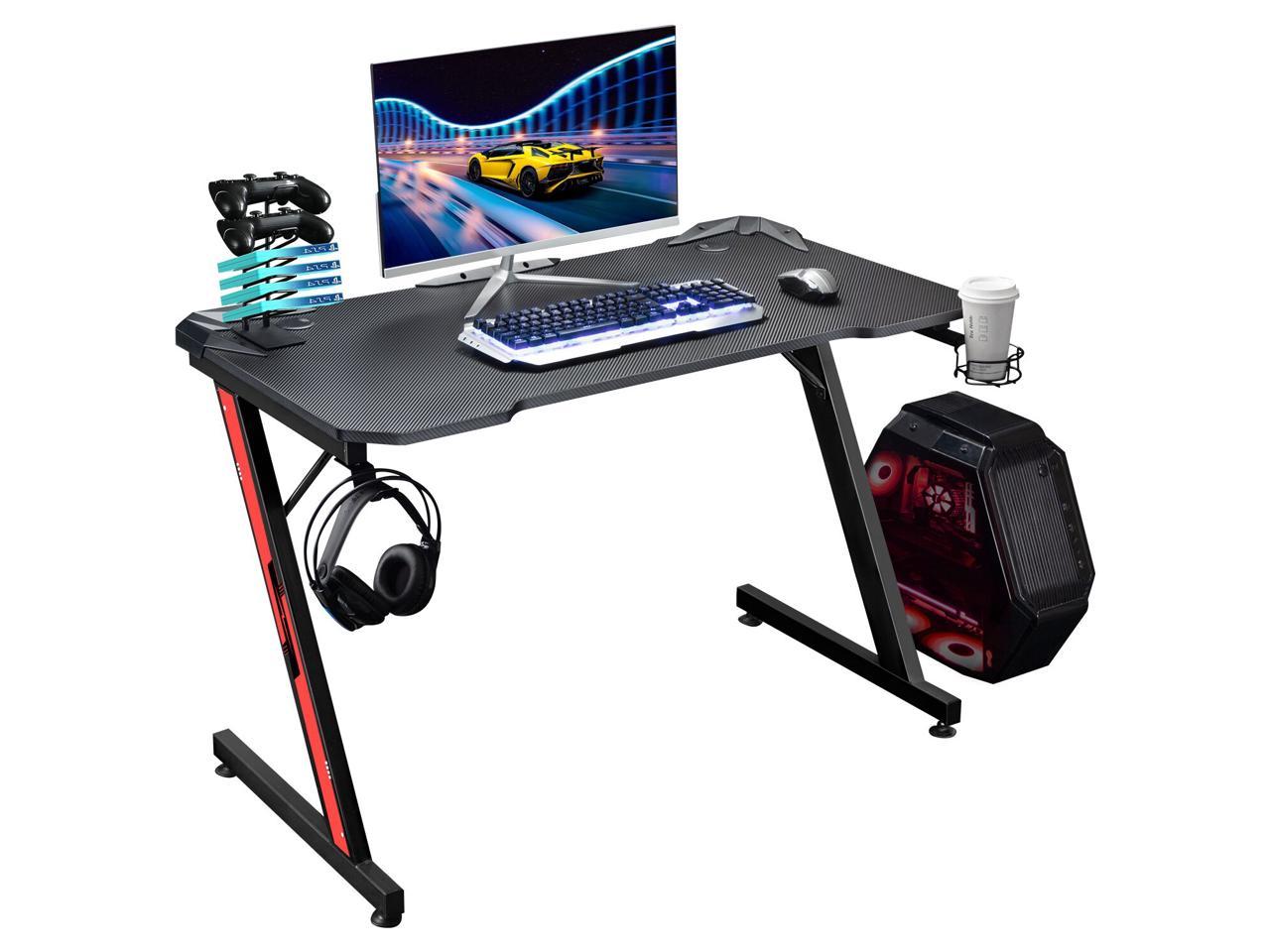 Homall 43" Gaming Desk Z-shaped Racing Style Ergonomic Computer Workstation with Large Carbon Fiber Surface, Cup Holder, Headset Hook, Game Handle Rack