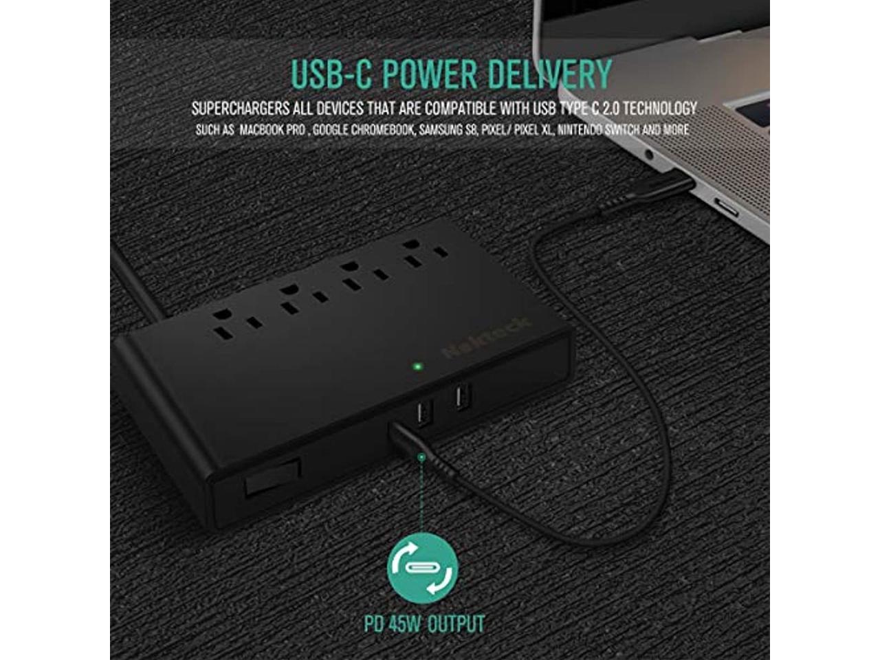 USB C Surge Protector Desktop Charging Station,Nekteck Flat Plug Power Strip with USB C 45W PD Power Delivery and 2 USB-A Smart Charger Adapter 5V/2.4A Max,Total 22W 4 Outlets 5FT AC Power Cord