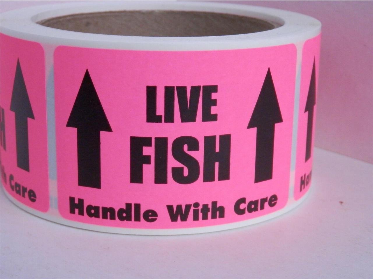 LIVE FISH HANDLE WITH CARE Warning Sticker Label fluorescent orange bkgd 250/rl 