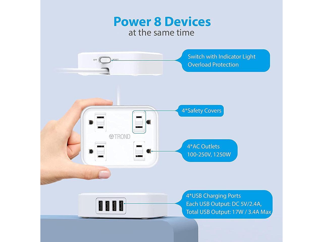 4 USB Charging Ports Wall Mountable TROND Flat Plug Extension Cord with 4 Child Safety Slide Outlet Covers Compact for Desktop Travel Cruise Home White Power Strip with USB 5ft Cord Office 