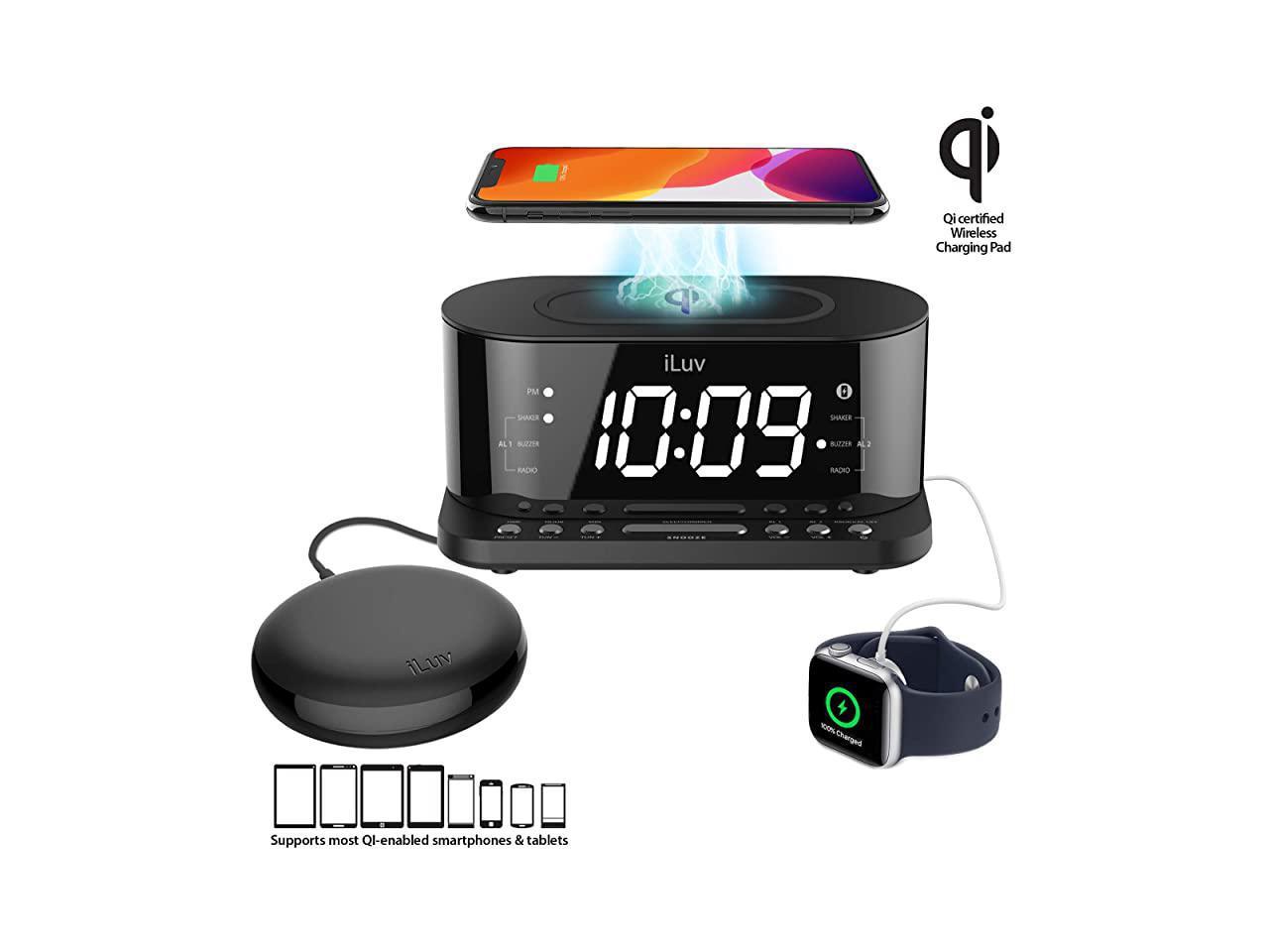 FM Radio Battery Backup Dual Alarm Jumbo LCD White Display iLuv Time Shaker 5Q Wow Qi-Certified Wireless Charging Alarm Clock with Vibration Shaker USB Charging Port 3-Level Dimmer Sleep Timer