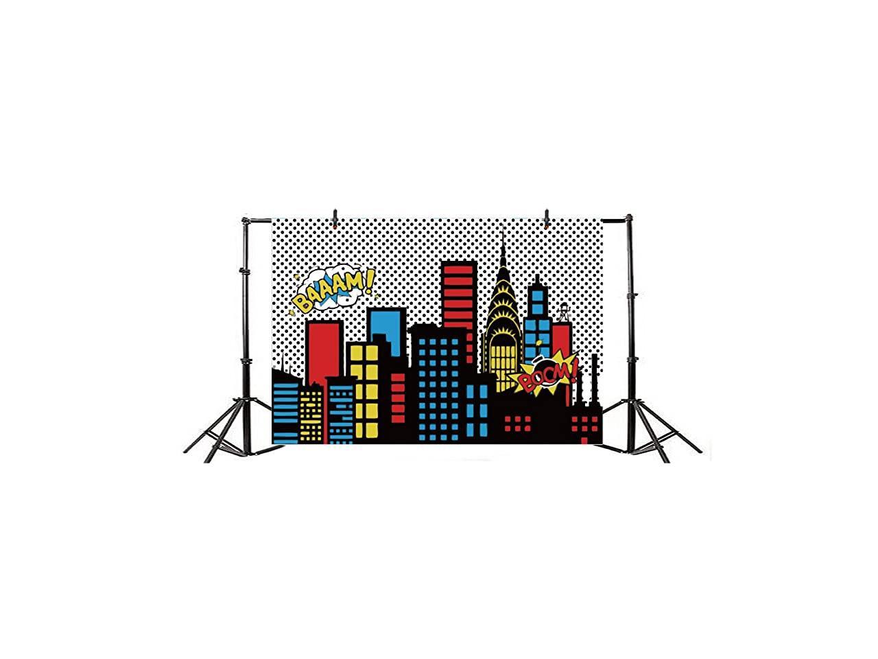 DORCEV 7x5ft Comic City Backdrop for Super Hero Theme Kids Birthday Party Baby Shower Photography Background Cartoon Super City Bang Boom Buildings Party Banner Newborn Child Photo Studio Props 