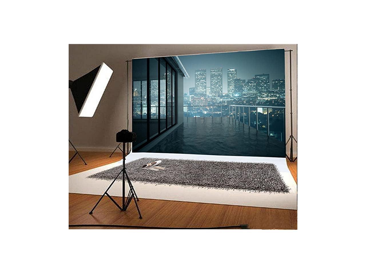 SZZWY Aerial View City Landscape 7x5ft New York City Night View Backdrop Skyscraper Shining Lights French Window Romantic Balcony Photography Background Girls Adults Photo Studio Props 