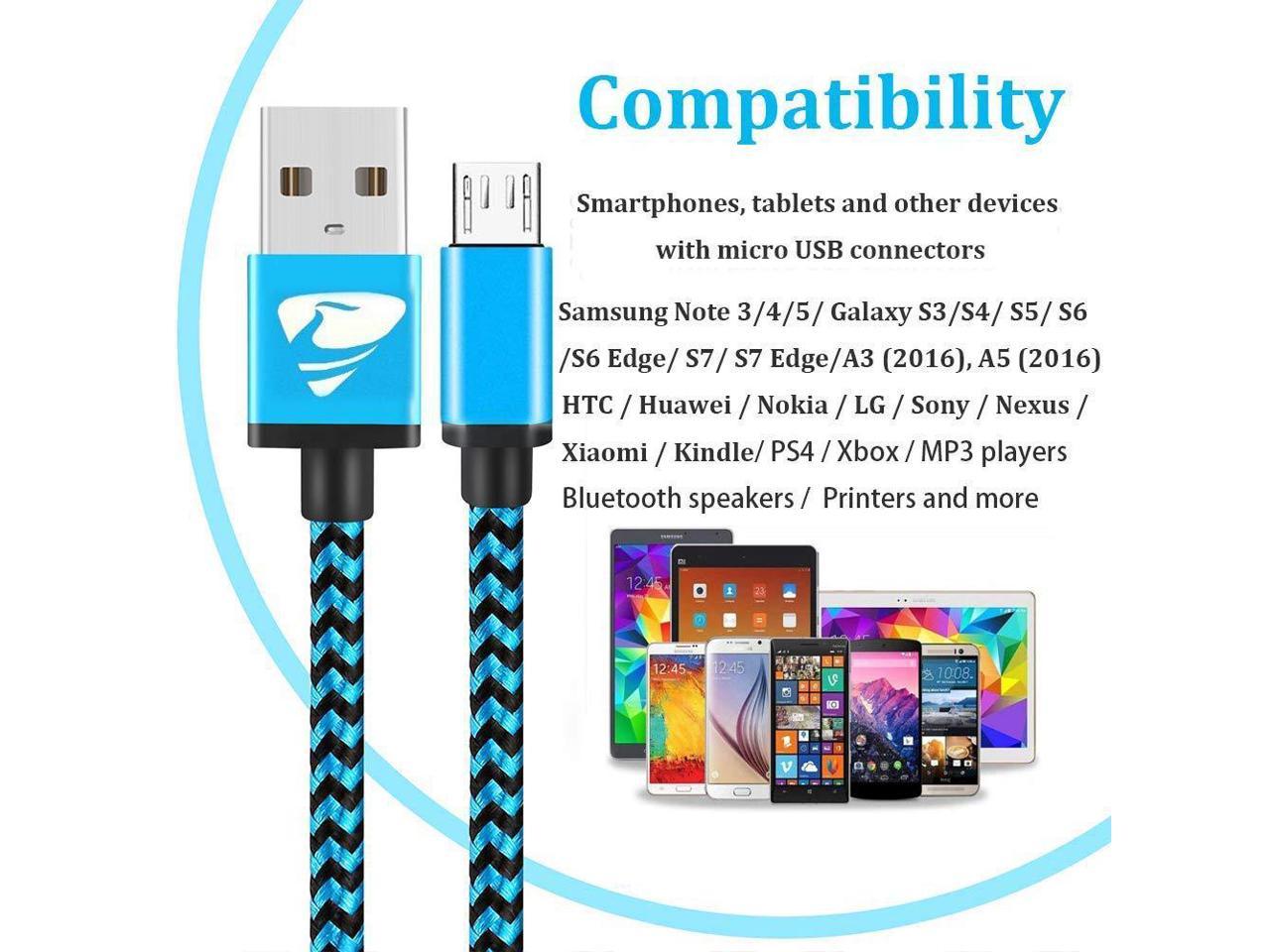 Micro USB Cable Canjoy 3 Pack USB to Micro USB Cable 6ft Braided Android Charger Fast Charging Cord Compatible Samsung Galaxy S7 S6 Edge J7,Motorola,LG,Nexus,Nokia,Sony,HTC,Xbox,PS4,Tablet,Camera,MP3 and More Android Devices Blue Rose Purple