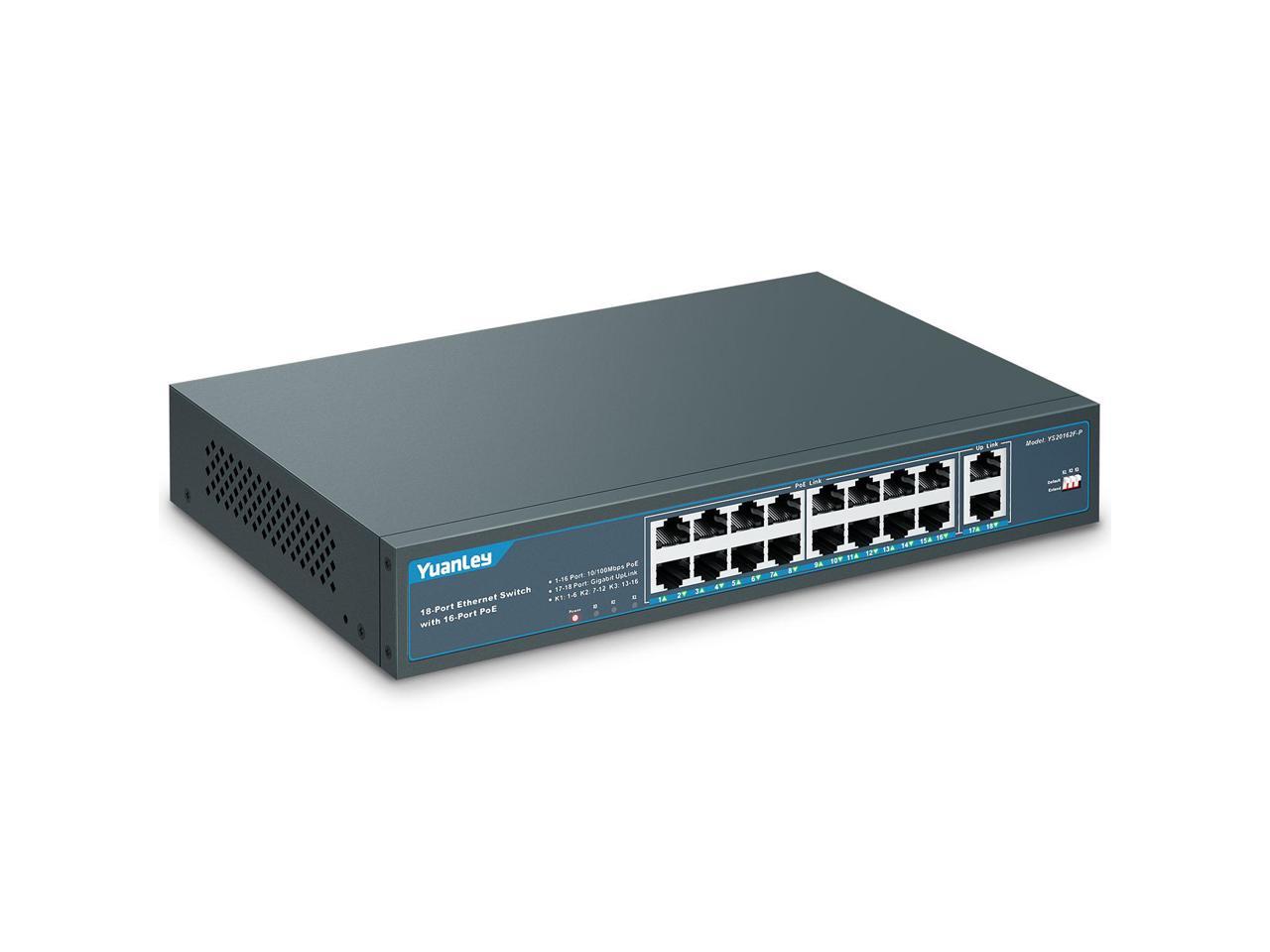 YuanLey 18 Port PoE Switch, 16 PoE+ Port 100Mbps, 2 Uplink Gigabit ...