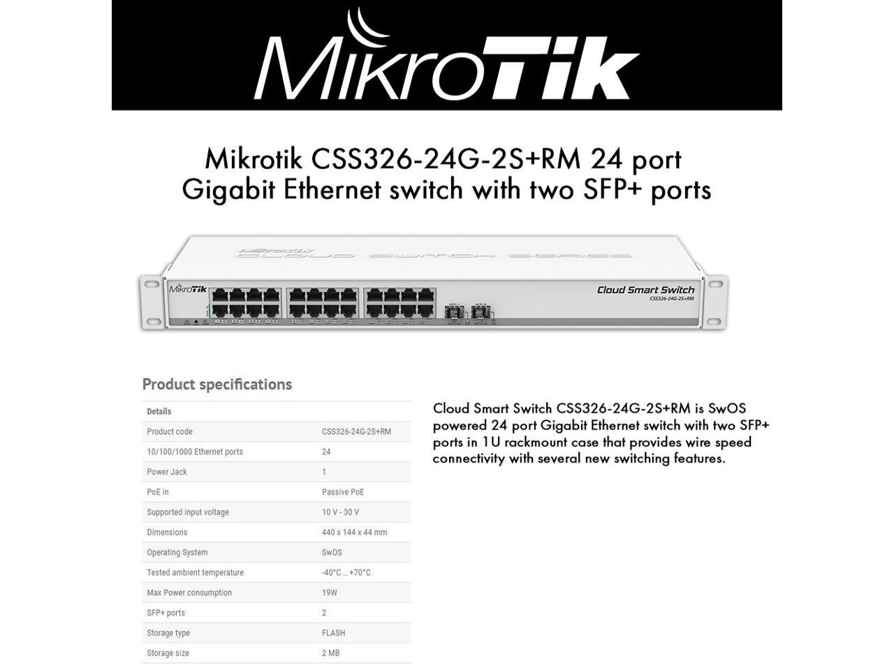 MikroTik - CSS326-24G-2S+RM - Cloud Smart Switch 326-24G-2S+RM with 24x  Gigabit Ethernet ports, 2x SFP+ cages, 1U