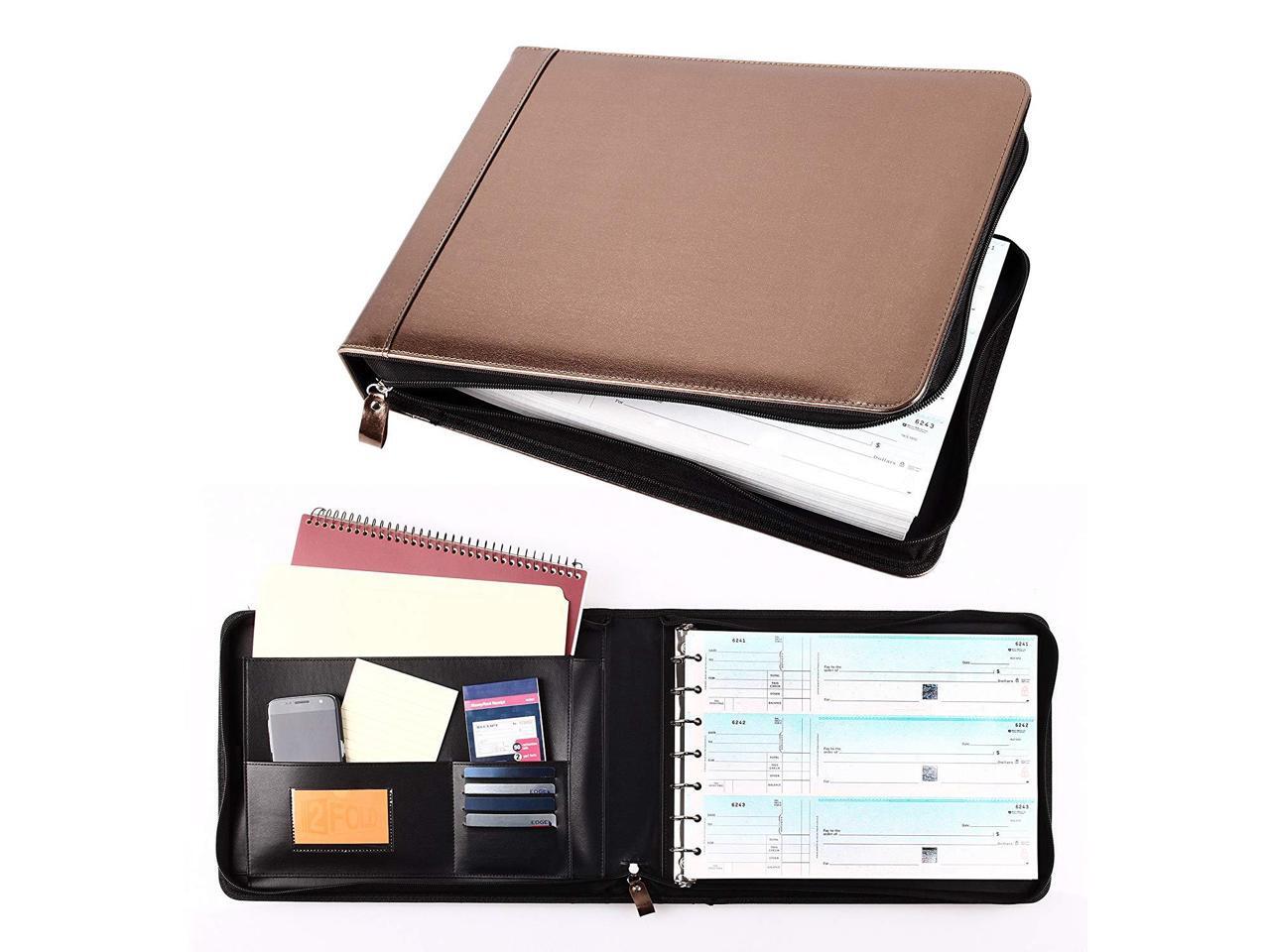 Red Business Check 7 Ring Binder for 3-Up Checks PU Leather Portfolio Checkbook Cover with Built in Storage Organizer