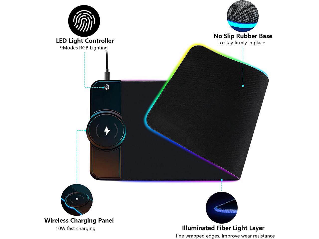 Wireless Charger Mouse Pad, 10W Extended RGB Mouse Pad NonSlip Rubber Base 10 Lighting Modes Wireless Charger Mouse Pad, 10W Extended RGB Mouse Pad NonSlip Rubber Base 10 Lighting Modes