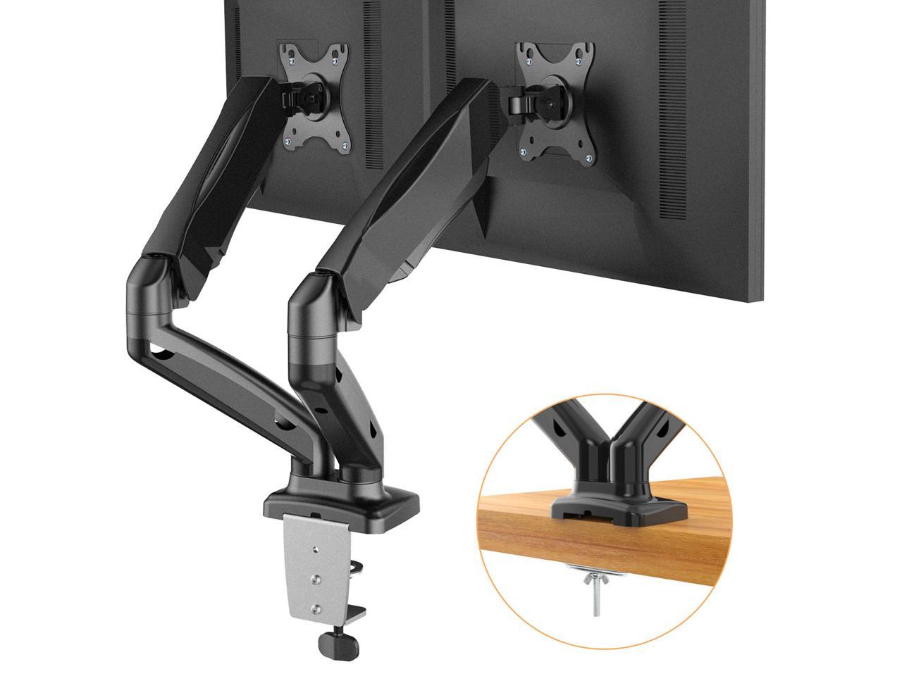 HUANUO Dual Arm Monitor Stand - Adjustable Gas Spring Computer Desk Mount VESA Bracket with C Clamp/Grommet Mounting Base for 13 to 27 Inch Computer Screens - Each Arm Holds up to 14.3lbs