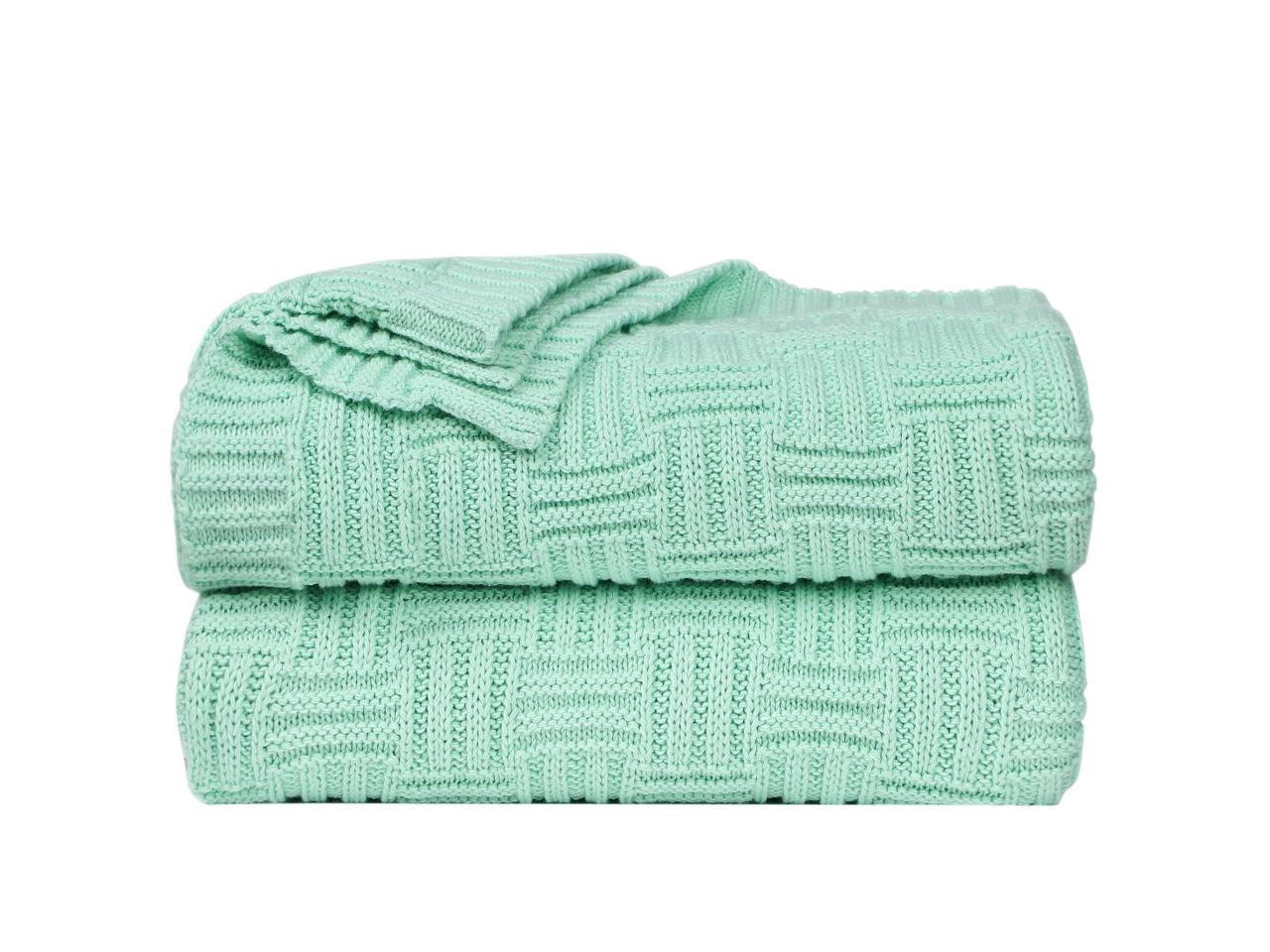 Knitted Throw Blanket for Sofa and Couch,Soft 100% Cotton Home  Blanket,Lightweight Cable Cross Knit Blanket - Light Green, 50
