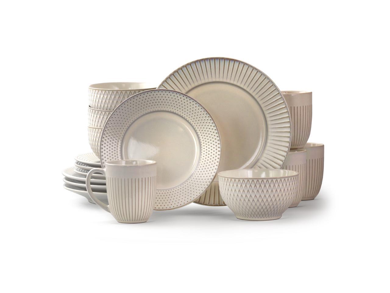 Elama Market Finds 16 Piece Round Stoneware Dinnerware Set in Embossed