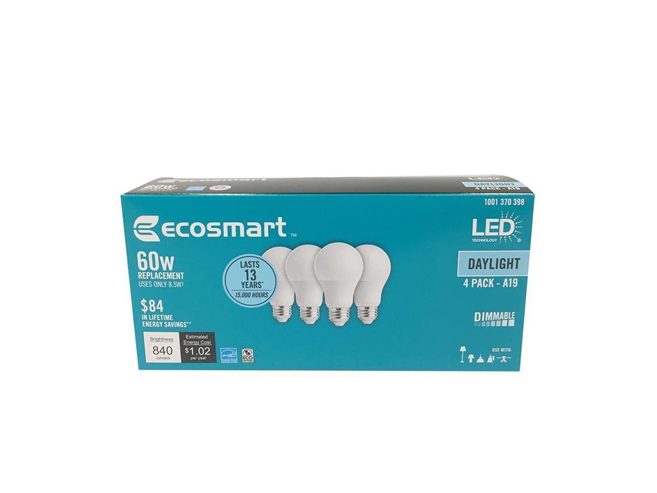(4 Pack) Ecosmart A19 LED 60 Watt Replacement (8.5W) Daylight White