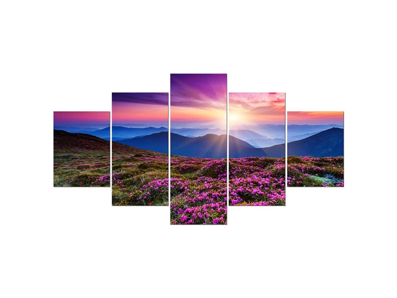 Wieco Art 5 Piece Giclee Canvas Prints Wall Art Large Modern Gallery Wrapped Mountains In Sunrise Artwork Purple Landscape Pictures Paintings Ready To Hang For Bedroom Dining Room Home Decorations L