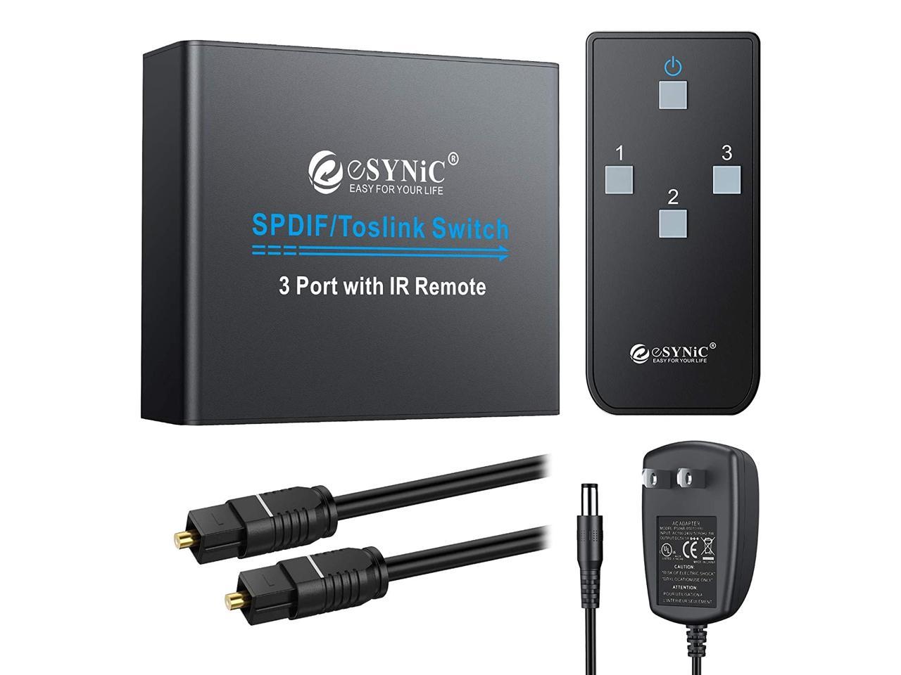 ESYNIC 3 Port Toslink Switch Digital Optical Audio Switcher Box 3X1 with IR 3 In 