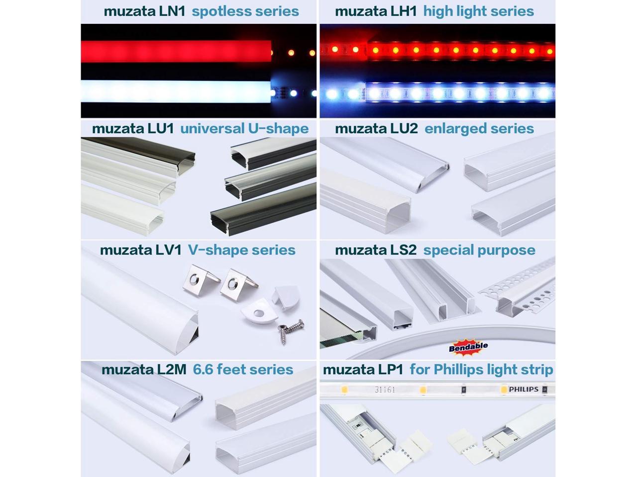 Muzata LED Channel with Spotless Lighting Effect Frosted Diffuser Cover,16mm Super Wide Aluminum Profile Track for Waterproof Strip Light-Philips Hue Plus Video 10Pack 3.3Ft U103,Series LU2 LP1 LN1 