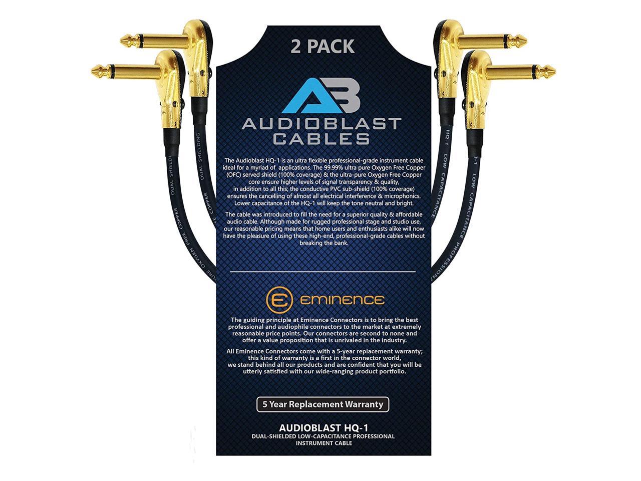 Audioblast 100% - Guitar Instrument Effects Pedal Patch Cable w/Eminence Straight & Angled Gold ¼ inch Ultra Flexible 2 Units 2 Foot TS Plugs & Double Boots Dual Shielded 6.35mm HQ-1