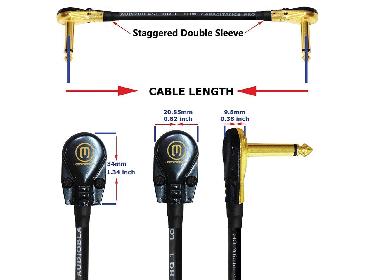 Ultra Flexible HQ-1 100% Low-Profile R/A Pancake Type TS Connectors & Dual Staggered Boots AUDIOBLAST 6.35mm 8 Inch 3 Units - Instrument Effects Pedal Patch Cable w/ ¼ inch Dual Shielded 