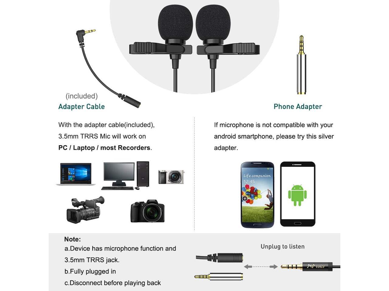 Premium 196 Dual-Head Lavalier Microphone Professional Lapel Clip-on Omnidirectional Condenser Mic for Apple iPhone,Android,PC,Recording 