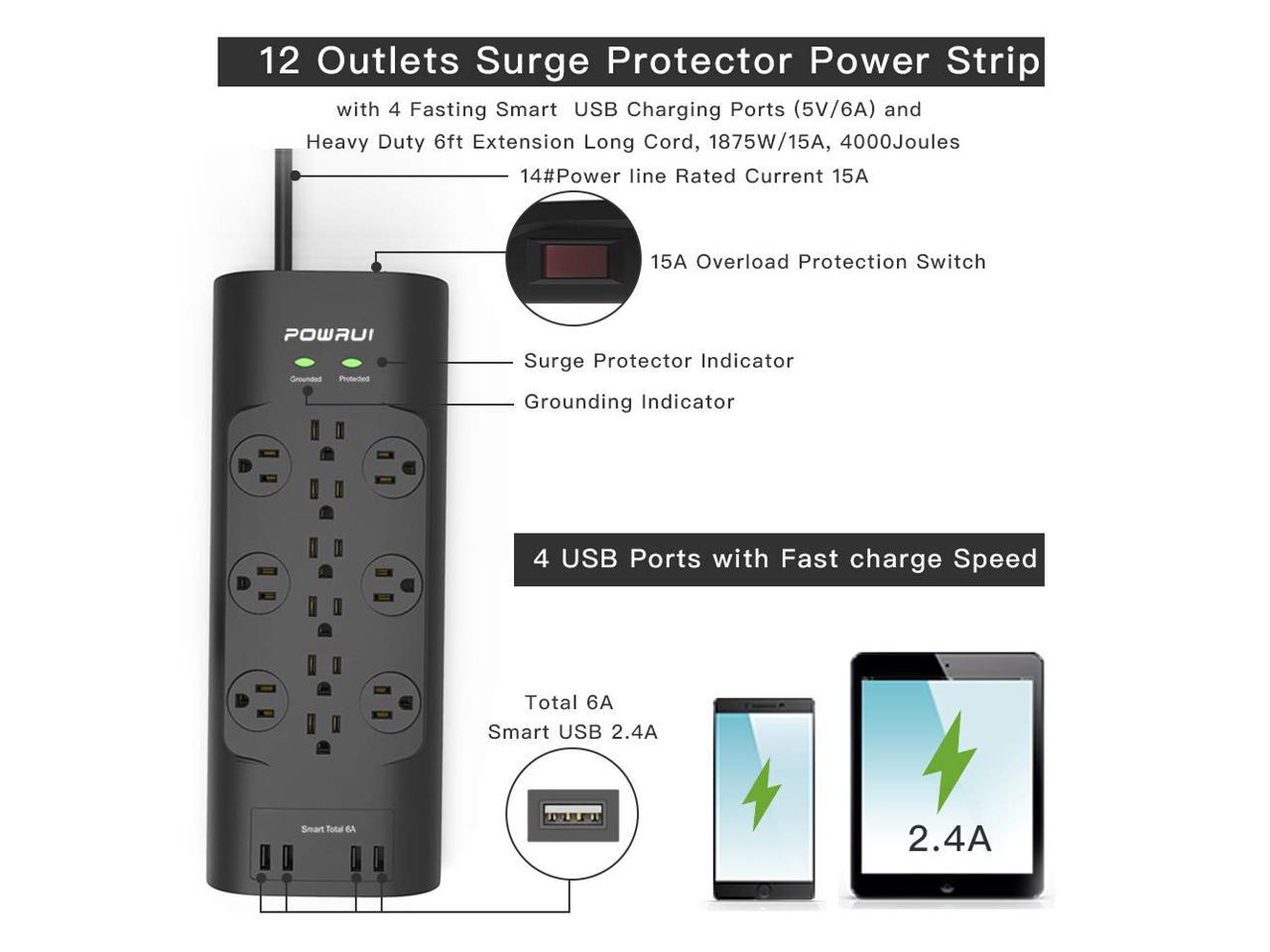 POWRUI Surge Protector(4000 Joules), Power Strip with 12Outlet and 5