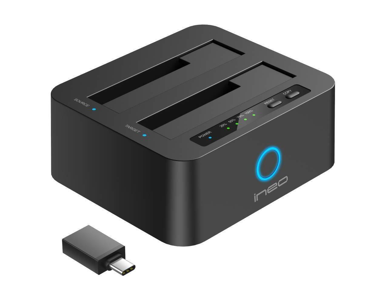 ineo USB3.1 Gen1 to SATA Dual-Bay 2.5 or 3.5 HDD / SSD with Offline  Duplicate / Clone Hard Drive Docking Station plus a free USB type C adapter  Compatible With PS4 XBOX