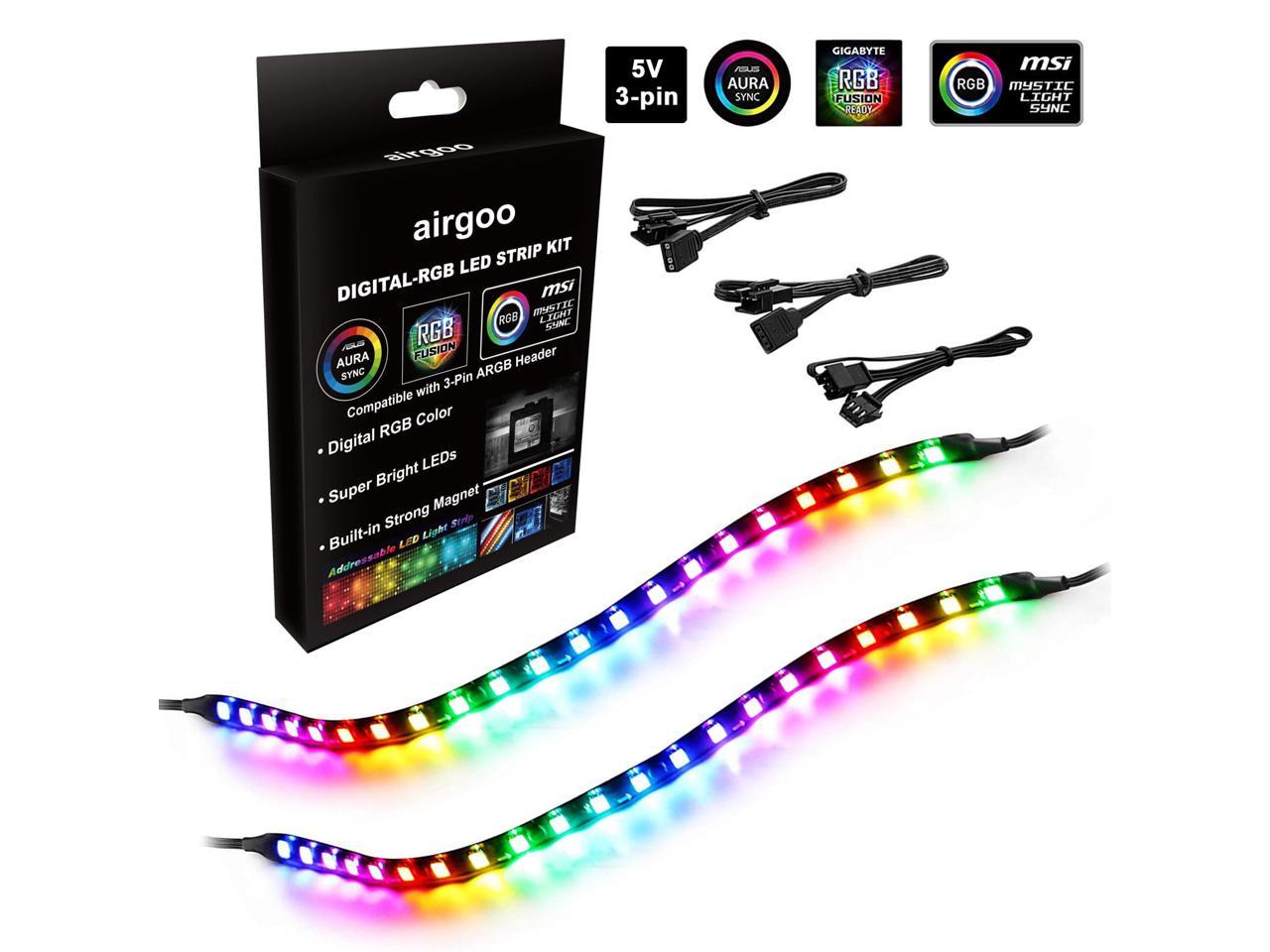 Airgoo RGB PC LED Light Strips, 2x13.8in RGBIC Rainbow Magnetic ARGB Strip for PC Case Lighting, for 5V 3-pin ASUS SYNC, RGB Fusion, MSI Mystic Light Sync Motherboard -