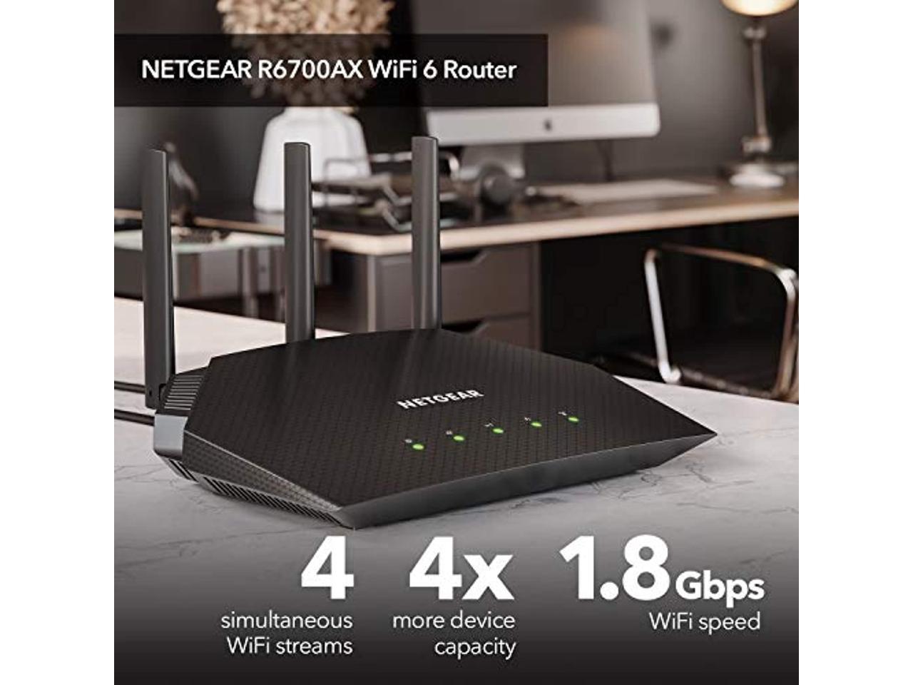NETGEAR 4-Stream WiFi 6 Router (R6700AX) - AX1800 Wireless Speed (Up to 1.8  Gbps) | 1,500 sq. ft. Coverage (R6700AX-1AZNAS)