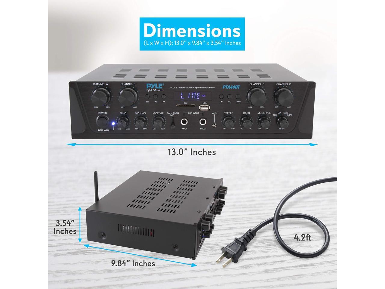 Talkover for PA Great for Home Speaker System Pyle Wireless Karaoke Bluetooth Stereo Receiver 4 Channel Power Amplifier w// USB PTA42BT 2 Microphone Input w// Echo Headphone
