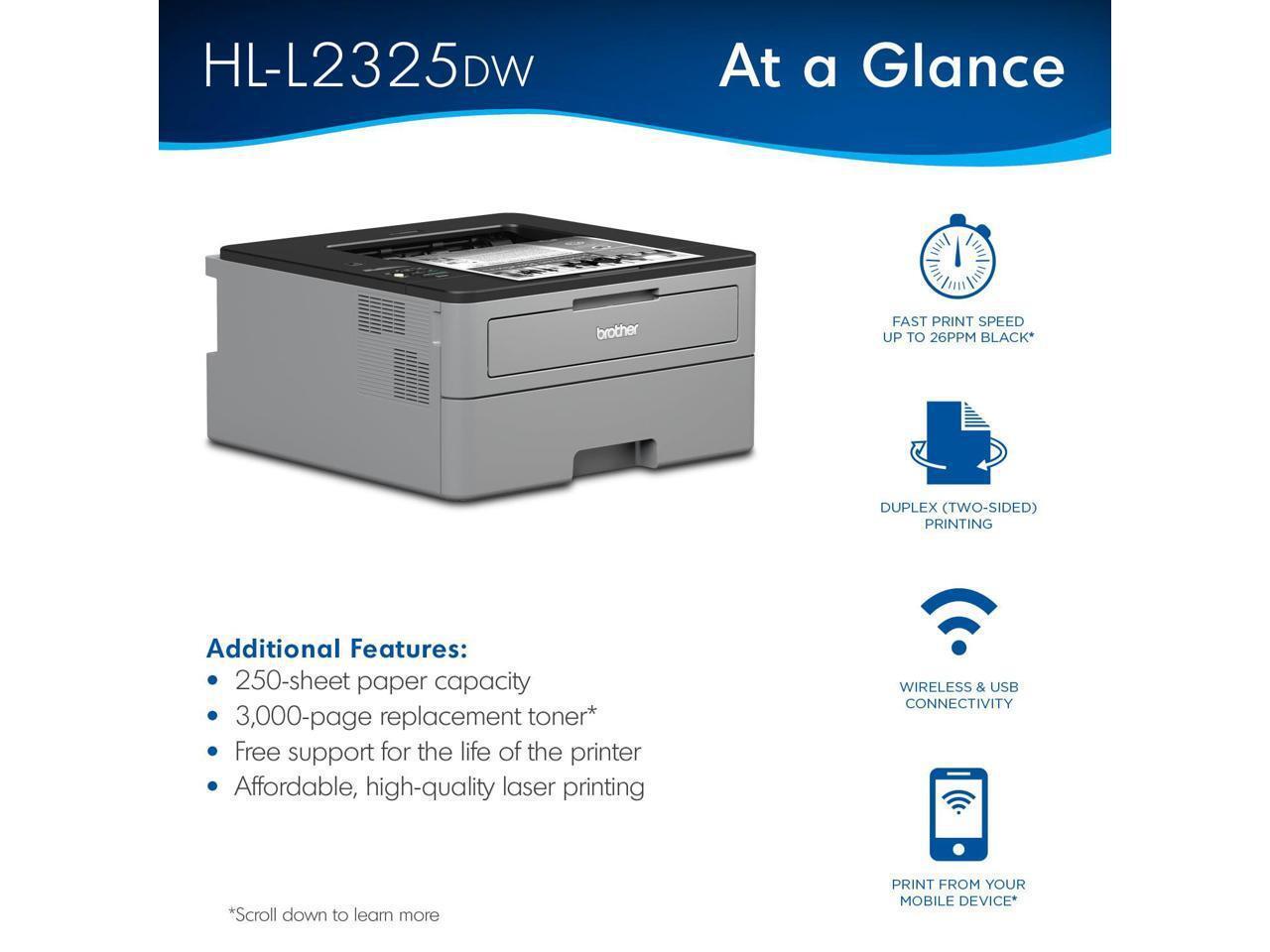 Brother HLL2325DW Monochrome Laser Printer Wireless Networking