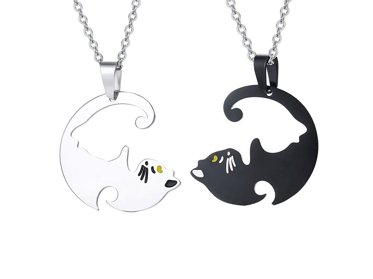 Thunaraz 6PCS Stainless Steel Yin Yang Pet Cat Puzzle Pendant Necklace for Couples Couple Bracelet Couple Keychain