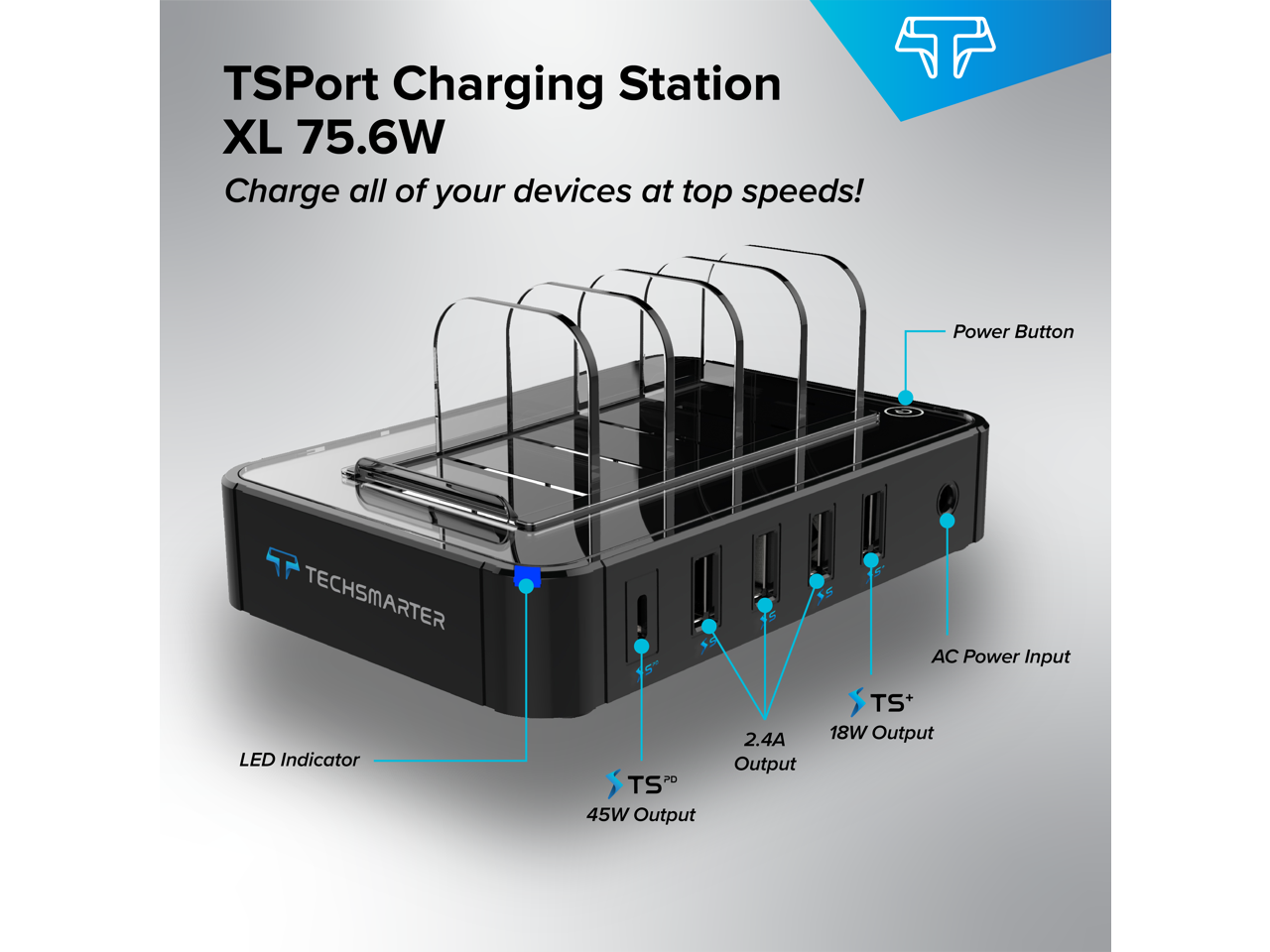 Techsmarter 5Port USB C PD Charging Station with 45W Power Delivery