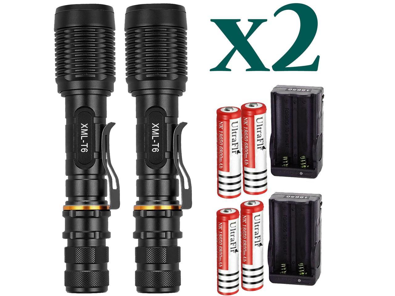 2x90000Lumen Tactical T6 LED Flashlight Torch Rechargeable 18650 Battery&Charger 