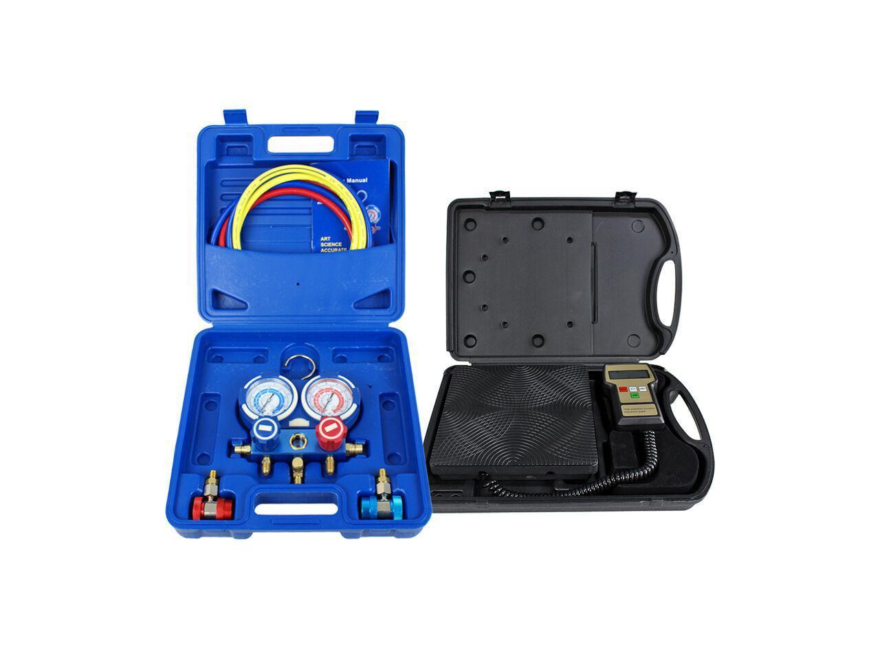 Deluxe Manifold Gauge Set R134a R410a R22 & Electronic Digital Refrigerant Scale 