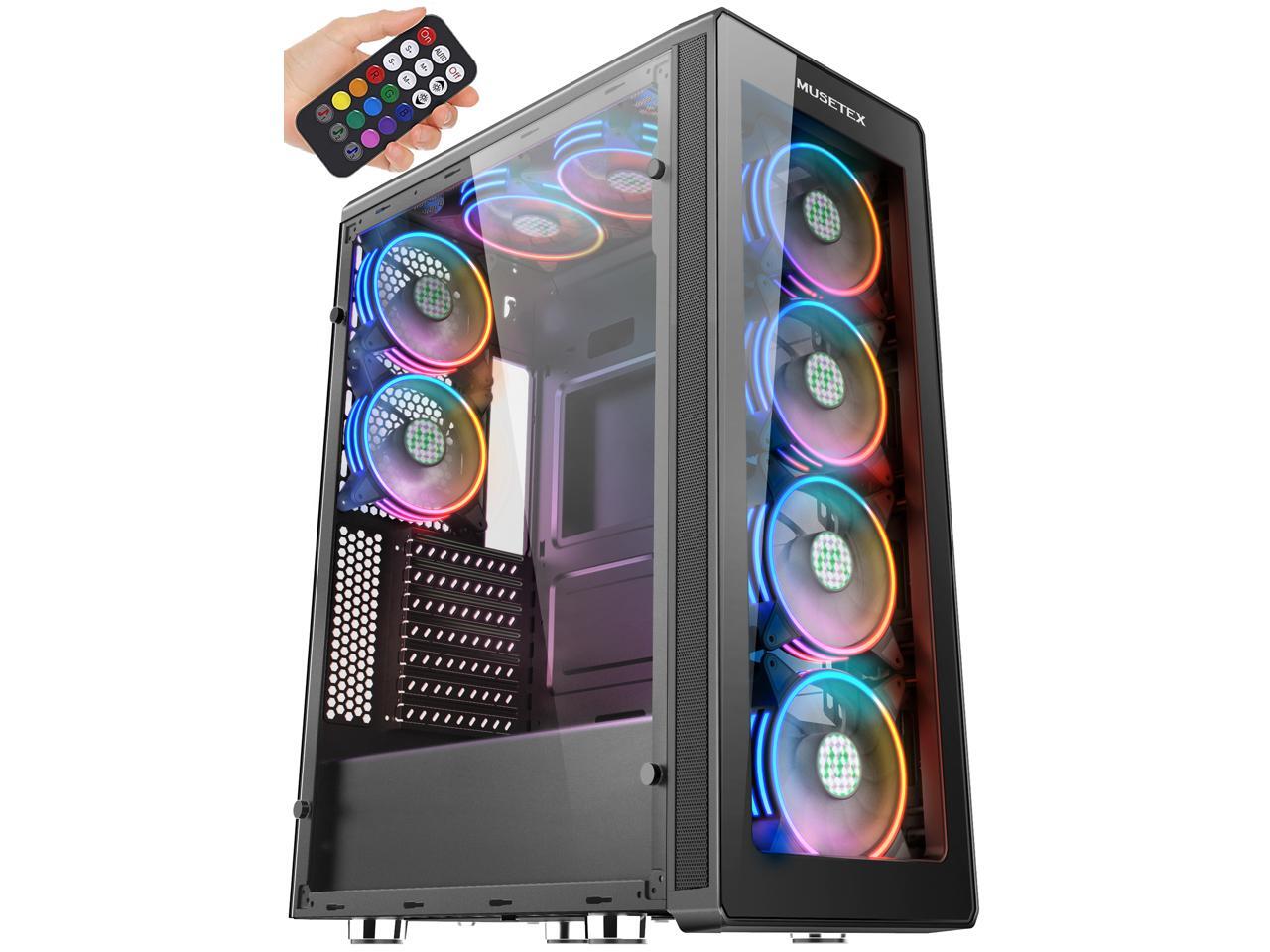 MUSETEX 8× ARGB Fans, 2× USB 3.0 ATX MidTower PC Gaming Case with