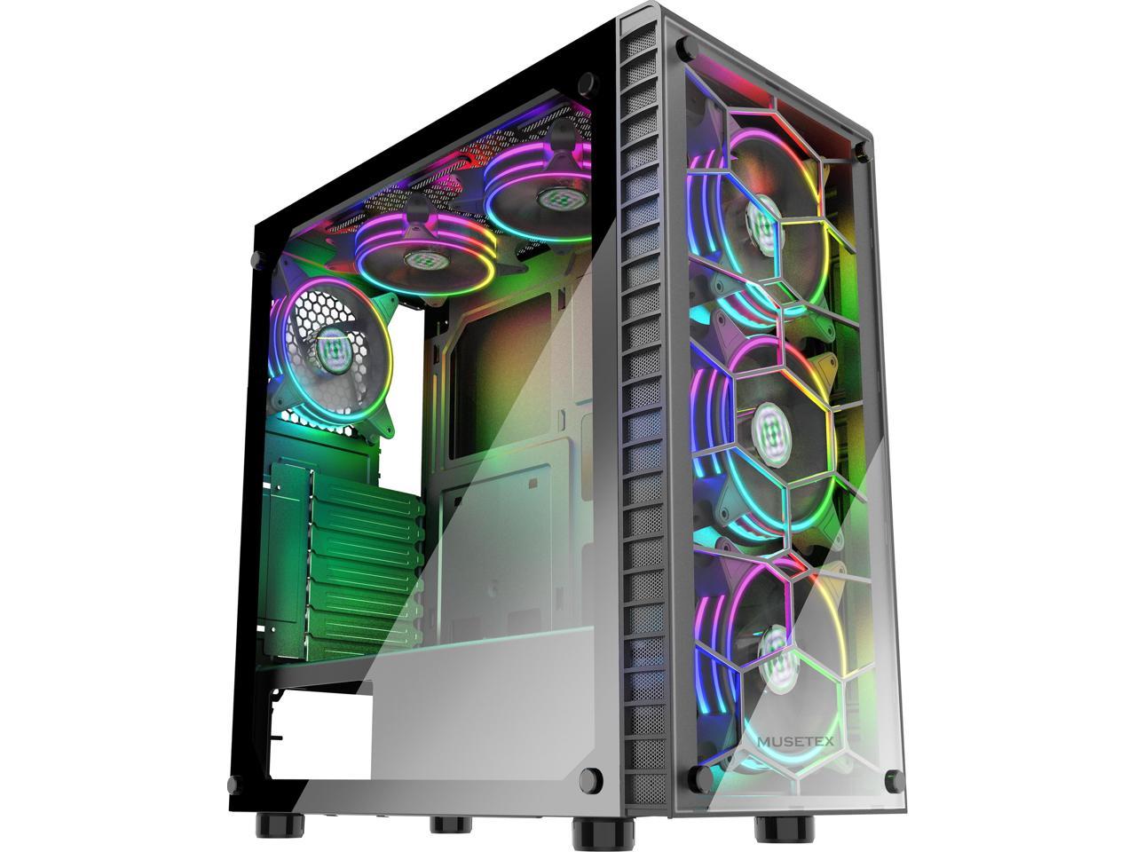 903N6 MUSETEX ATX Mid Tower Gaming Computer Case 6 RGB LED Fans 2 Translucent Tempered Glass Panels USB 3.0 Port,Cable Management/Airflow Gaming Style Window Case 