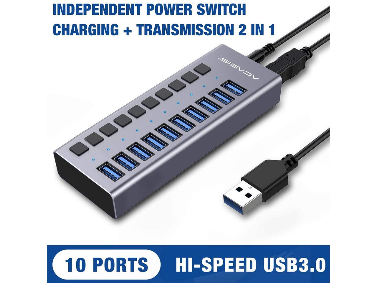 Powered USB Hub 10 Ports 48W USB 3.0 Data Hub with Individual On