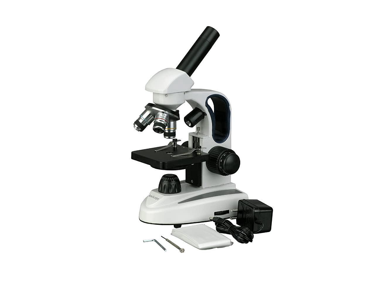 Coaxial Coarse and Fine Focus AmScope M158C-2L Cordless Compound Monocular Microscope Upper and Lower LED Illumination with Rheostat WF10x and WF25x Eyepieces 40x-1000x Magnification 110V or Battery-Pow Single-Lens Condenser Plain Stage Brightfield
