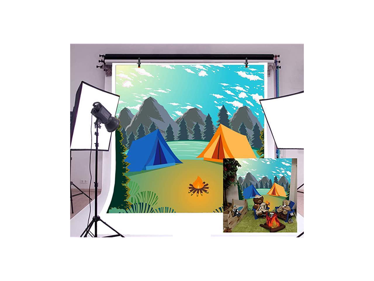 Cartoon Summer Island Backdrop 5x5ft Tropical Forest Mountains Blue Sea Water Island Photography Background Palm Trees Blue Sky Backdrop Children Adults Photos