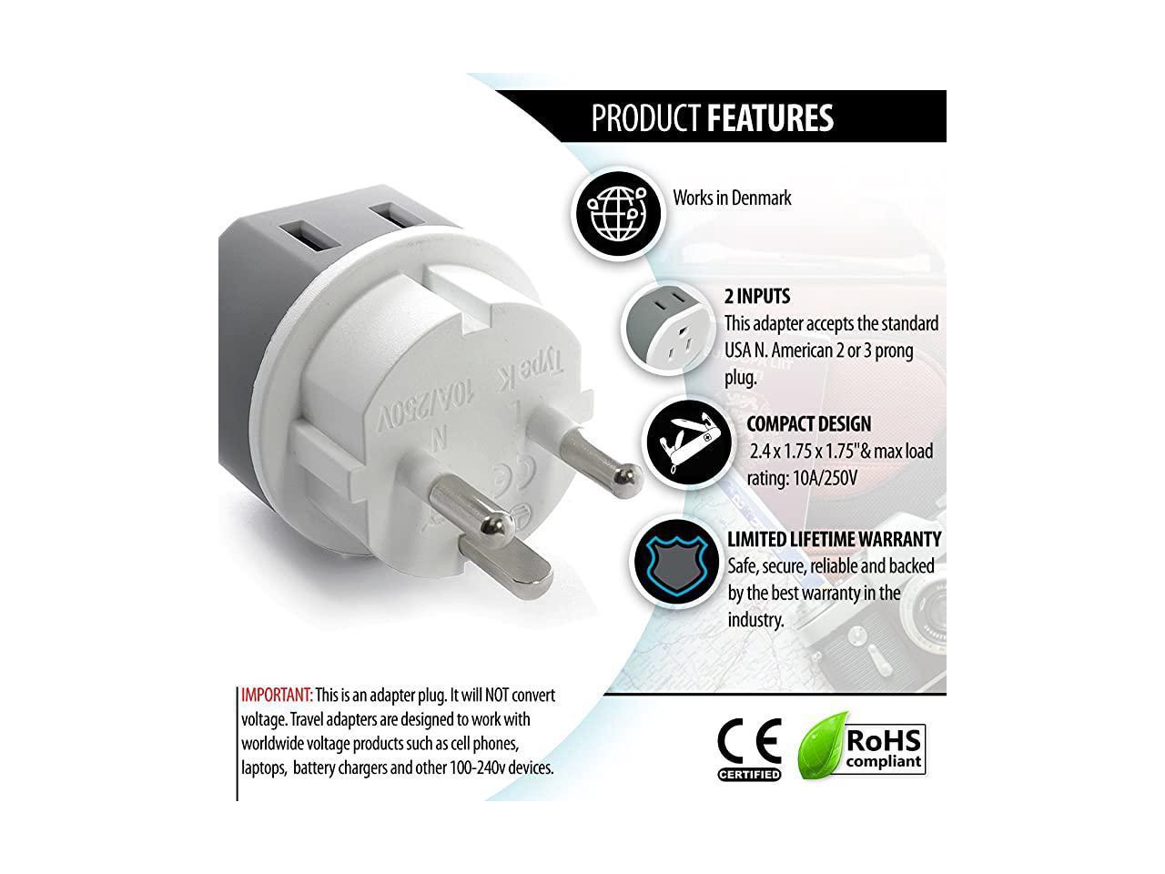 Denmark Power Plug Adapter by with 2 USA Inputs Travel 3 Pack Type