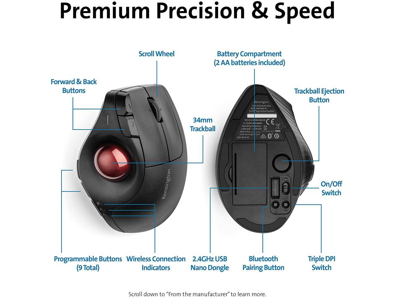 Kensington Pro Fit Ergo Vertical Wireless Trackball (K75326WW) - Newegg.com