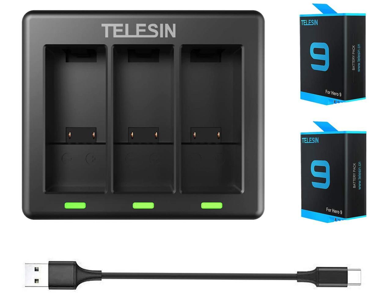 TELESIN Replacement Batteries 3-Channel Battery Charger with Type-C Cord Fully Compatible with Gopro Hero 9 Black Original Charger and Battery 1750mAh for Gopro 9 Battery 2-Pack