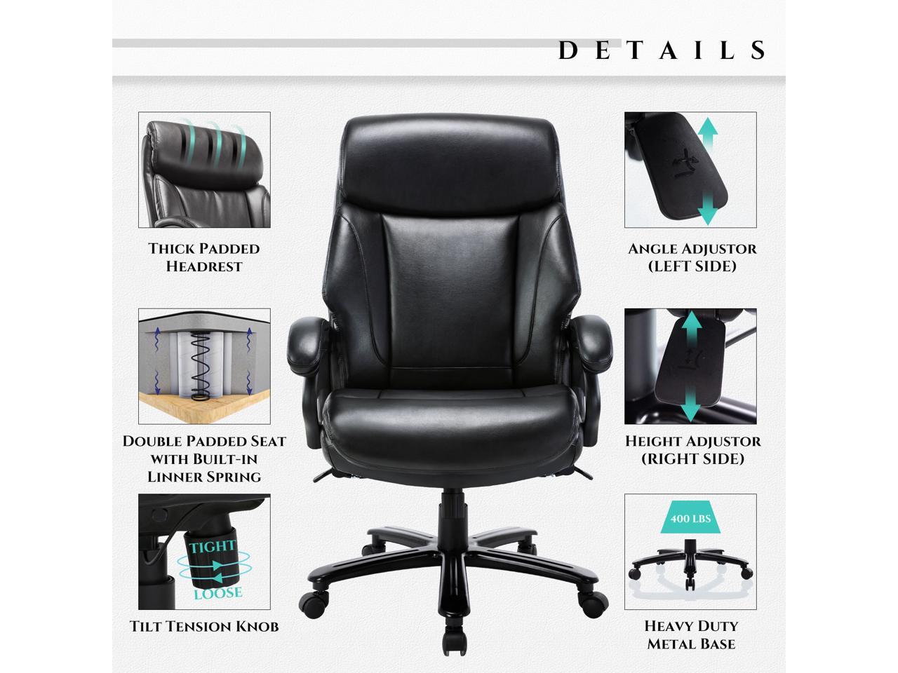 Heavy Duty Metal Base and Tilt Angle Large Bonded Leather Ergonomic Executive Desk Computer Swivel Chair High Back Big & Tall 400lb Office Chair Adjustable Built-in Lumbar Support Black 